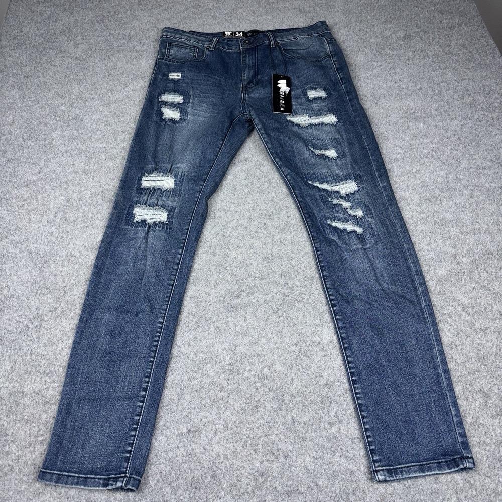 Waimea Jeans Mens 34x32 Skinny Fit Distressed Ripped Stretch Indigo Blue Denim